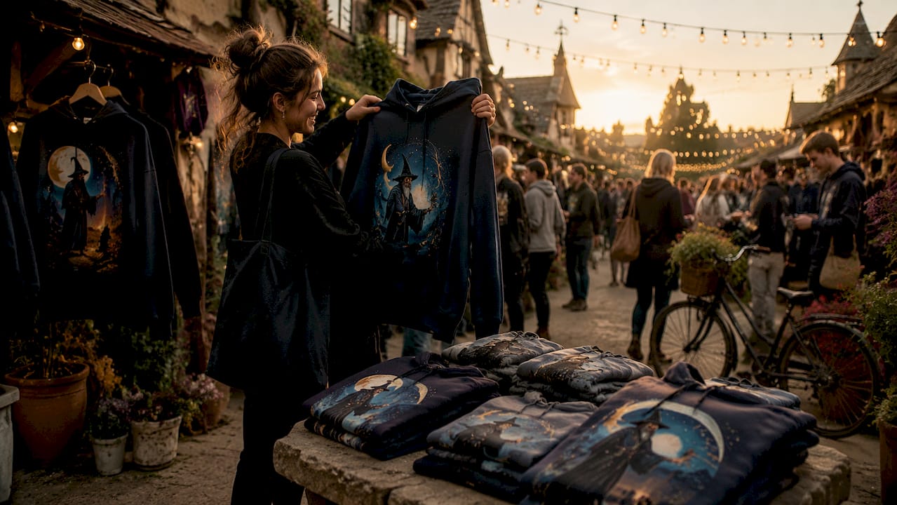 Shopper browsing themed apparel in retail store