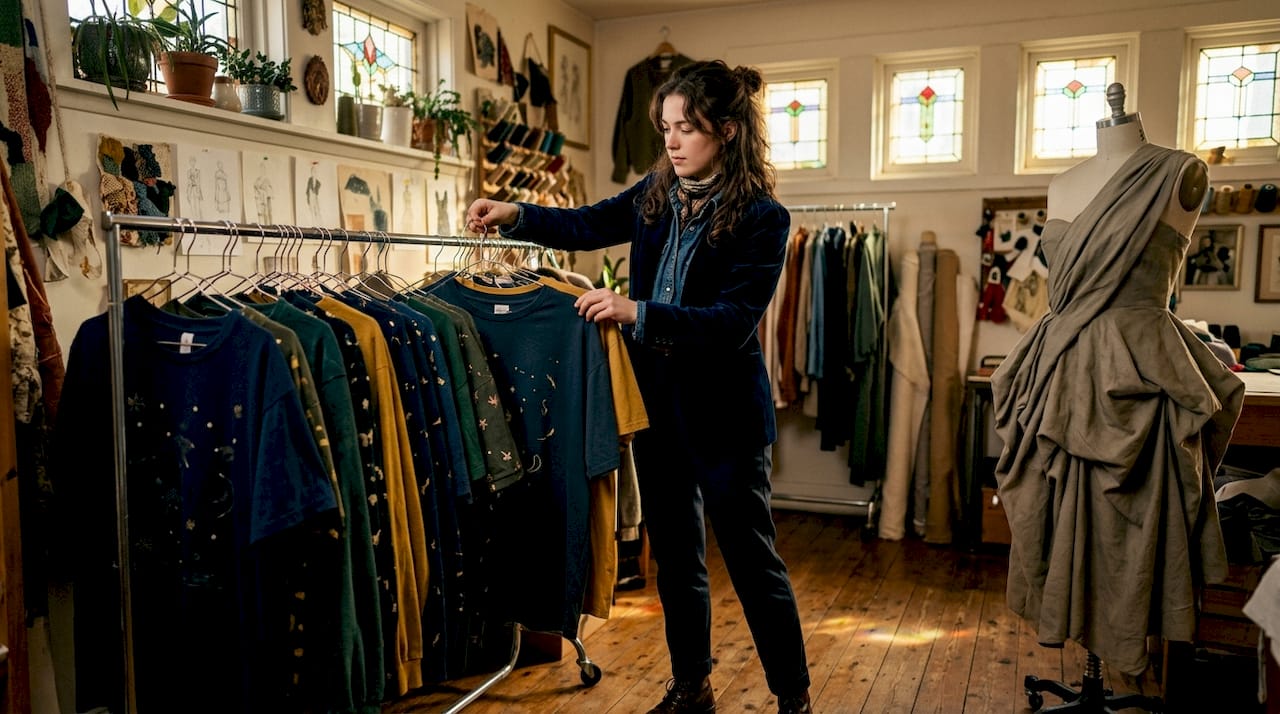 Fashion designer arranging expressive clothing in studio