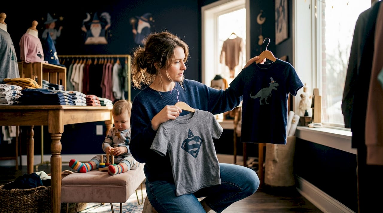 Mother comparing kids themed clothing in store