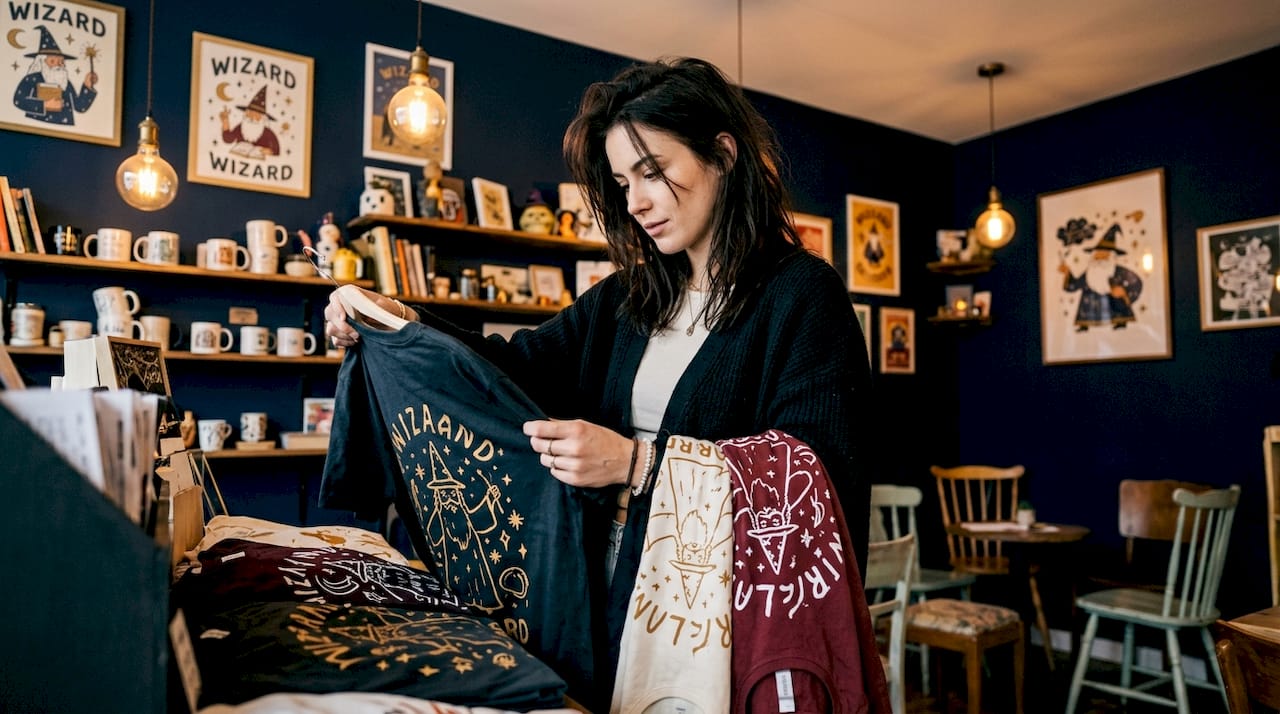 Woman selecting sassy graphic shirts in boutique