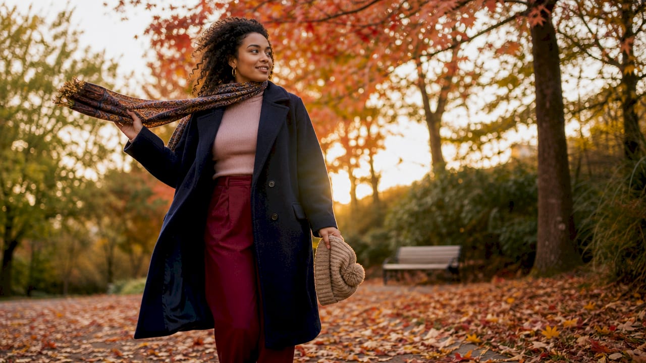 Woman dressed in layered autumn outfit outdoors