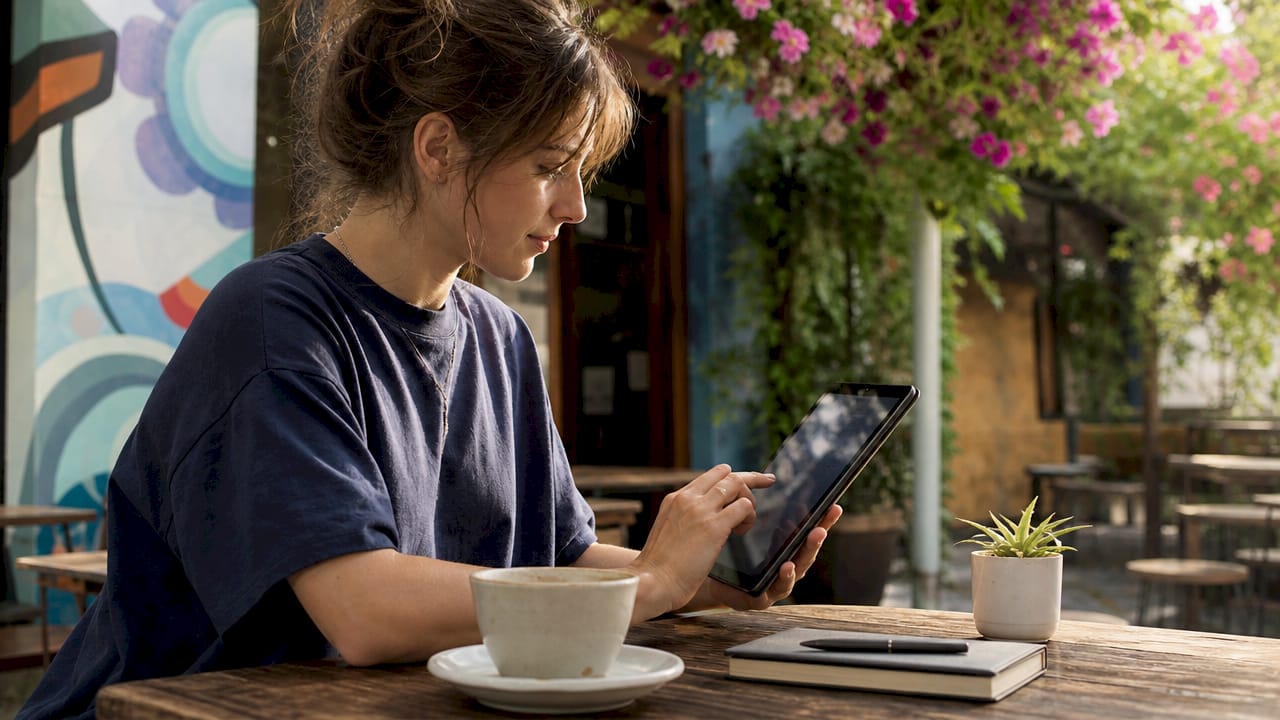 Woman browsing creative content on tablet at café table