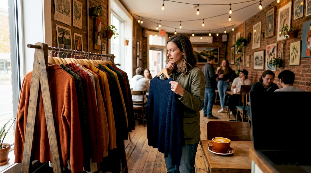 Woman choosing fall clothes in stylish bedroom