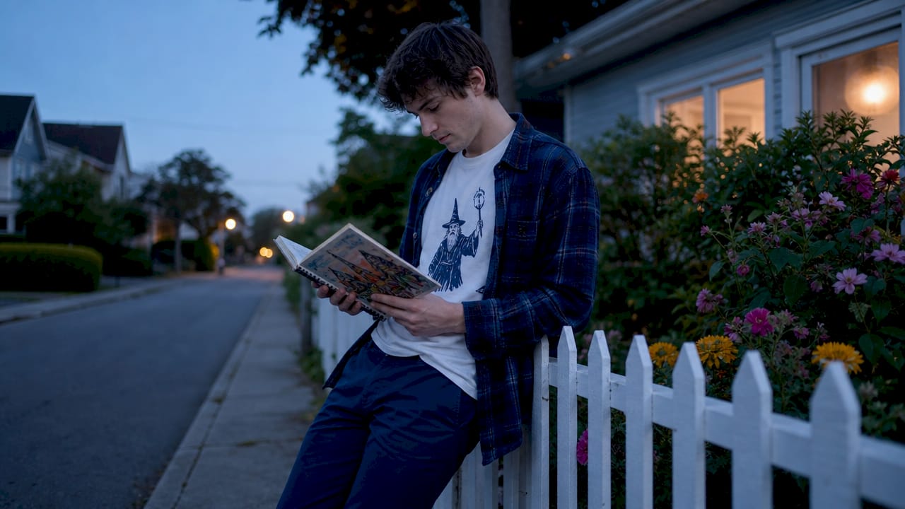 Young adult in casual denim outfit on street
