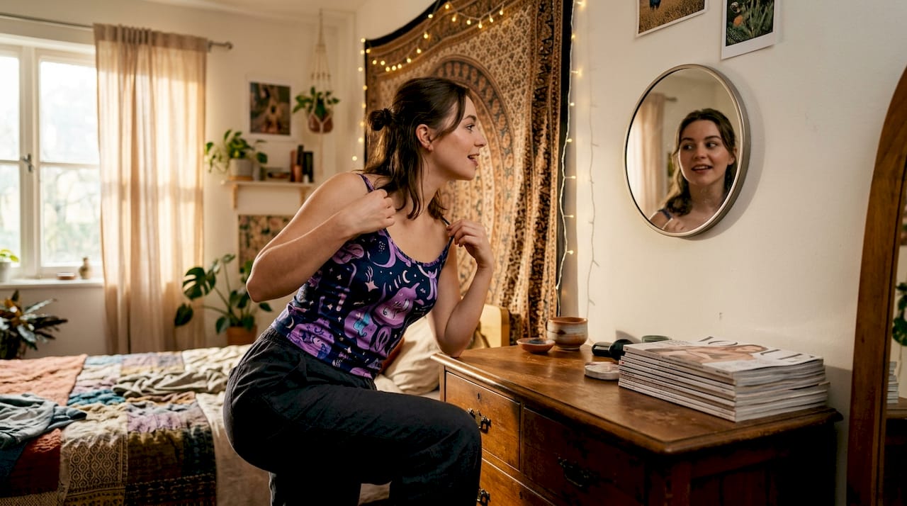 Woman adjusting colorful novelty tank top indoors