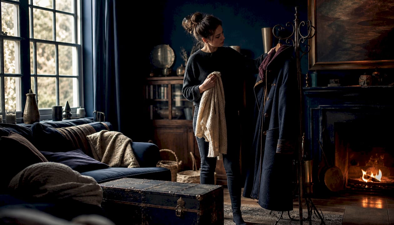 Woman organizing seasonal clothes in closet