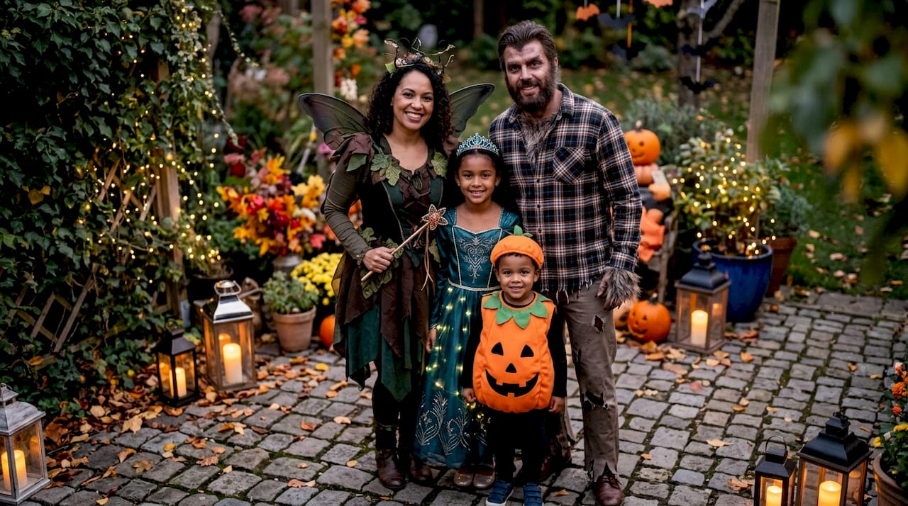 Family in Halloween costumes on porch