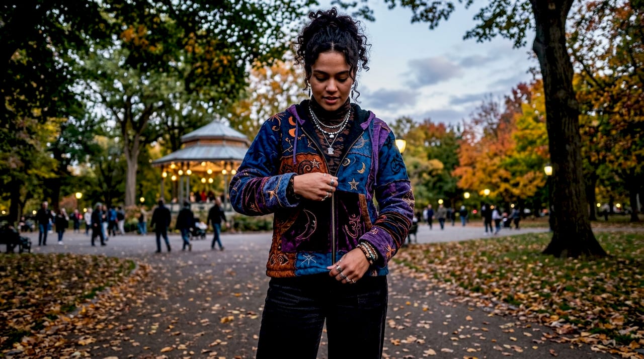 Young woman expressing identity with colorful clothing outdoors