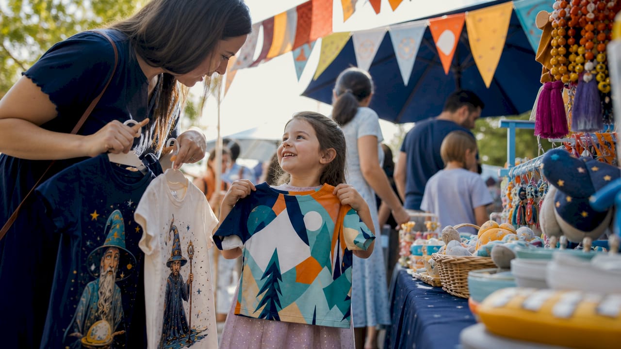 Mother and daughter shopping kids themed clothing