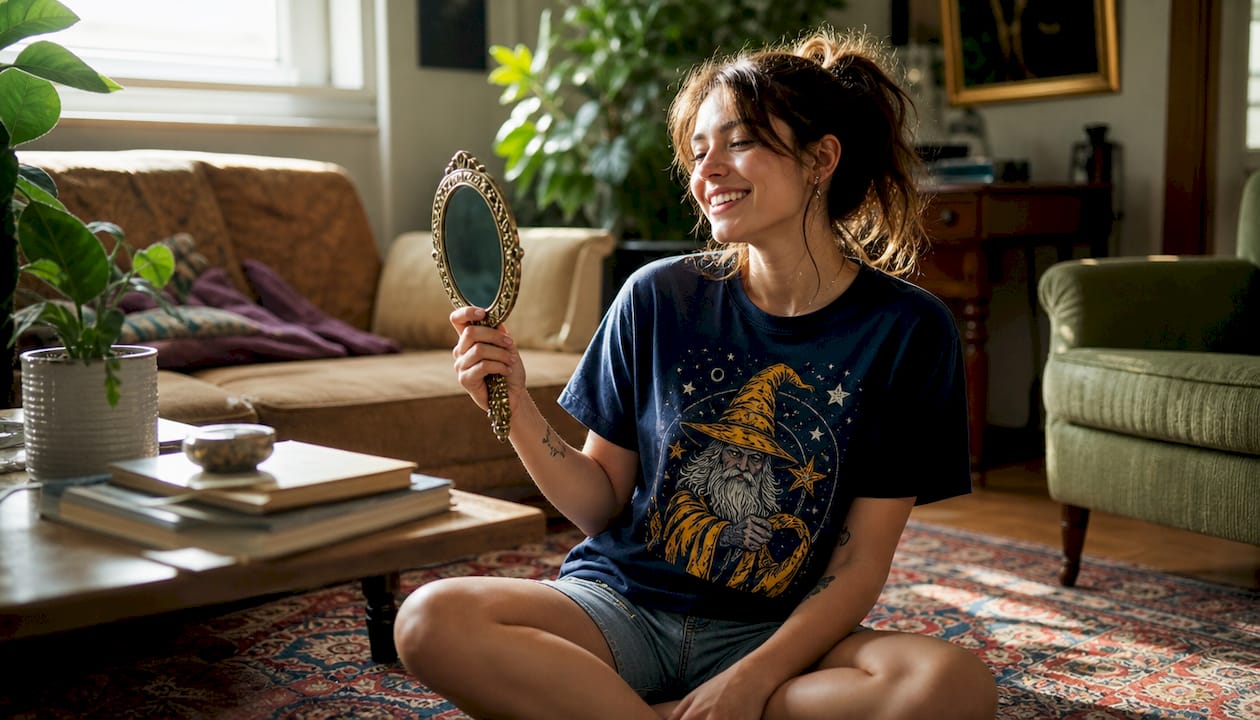 Young woman wearing colorful novelty t-shirt