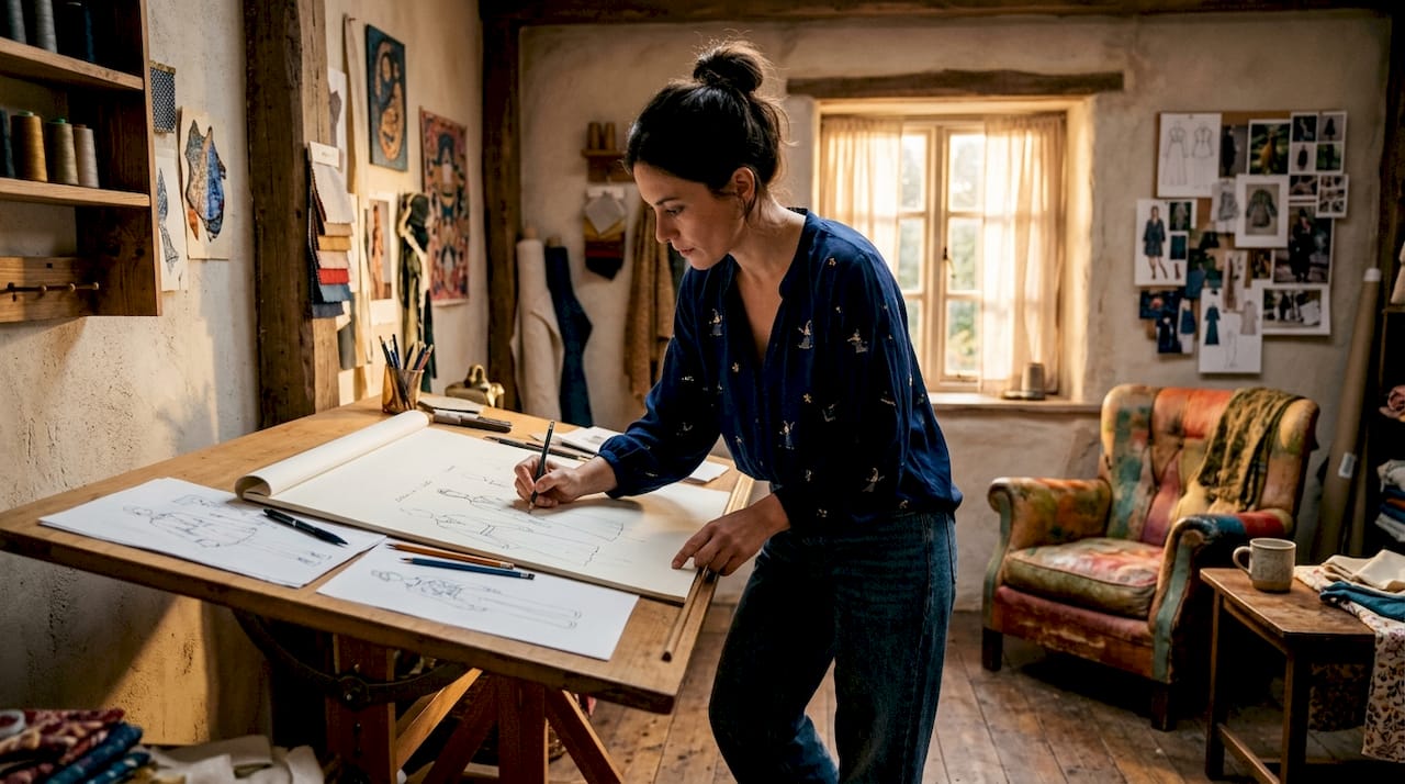 Fashion designer sketching clothing collection