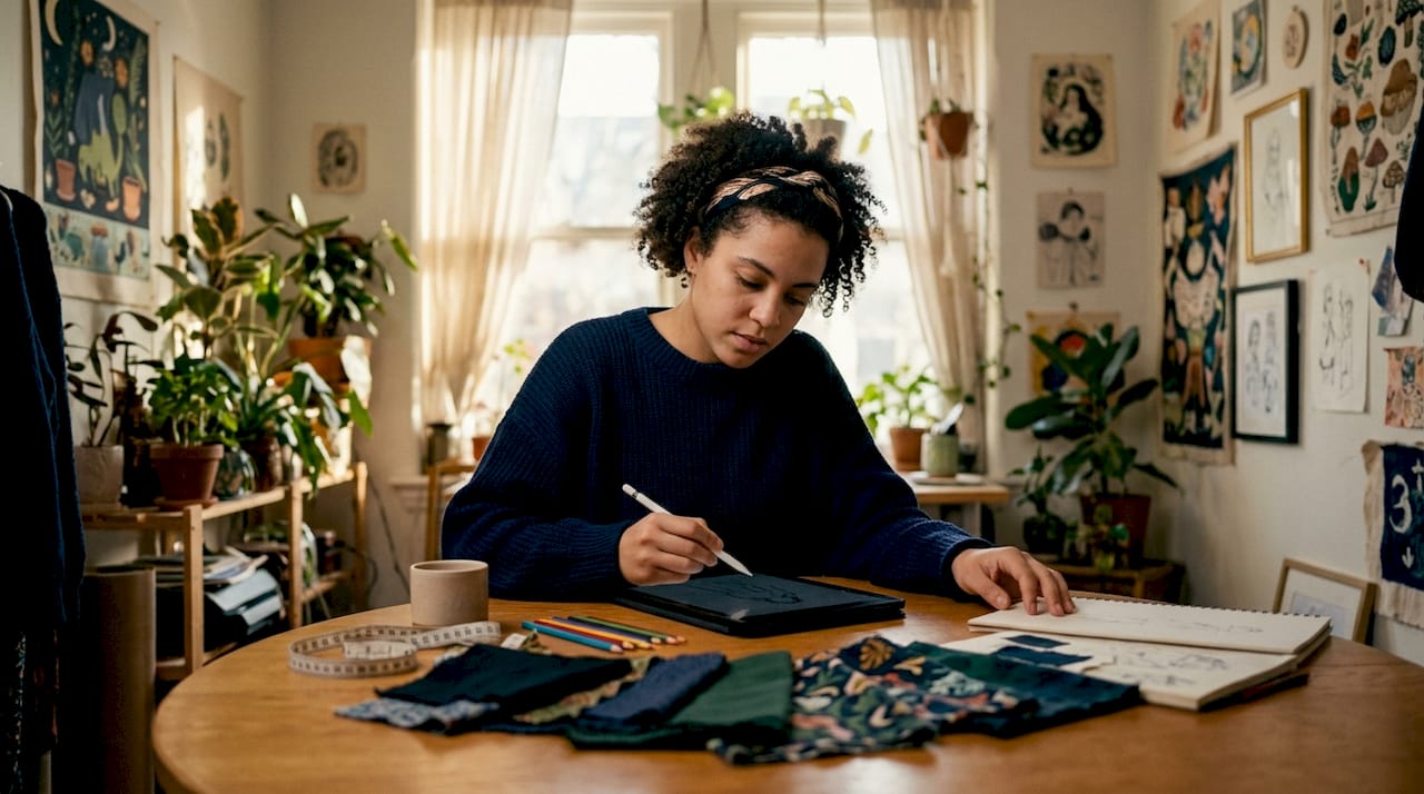 Fashion designer sketching apparel designs at table