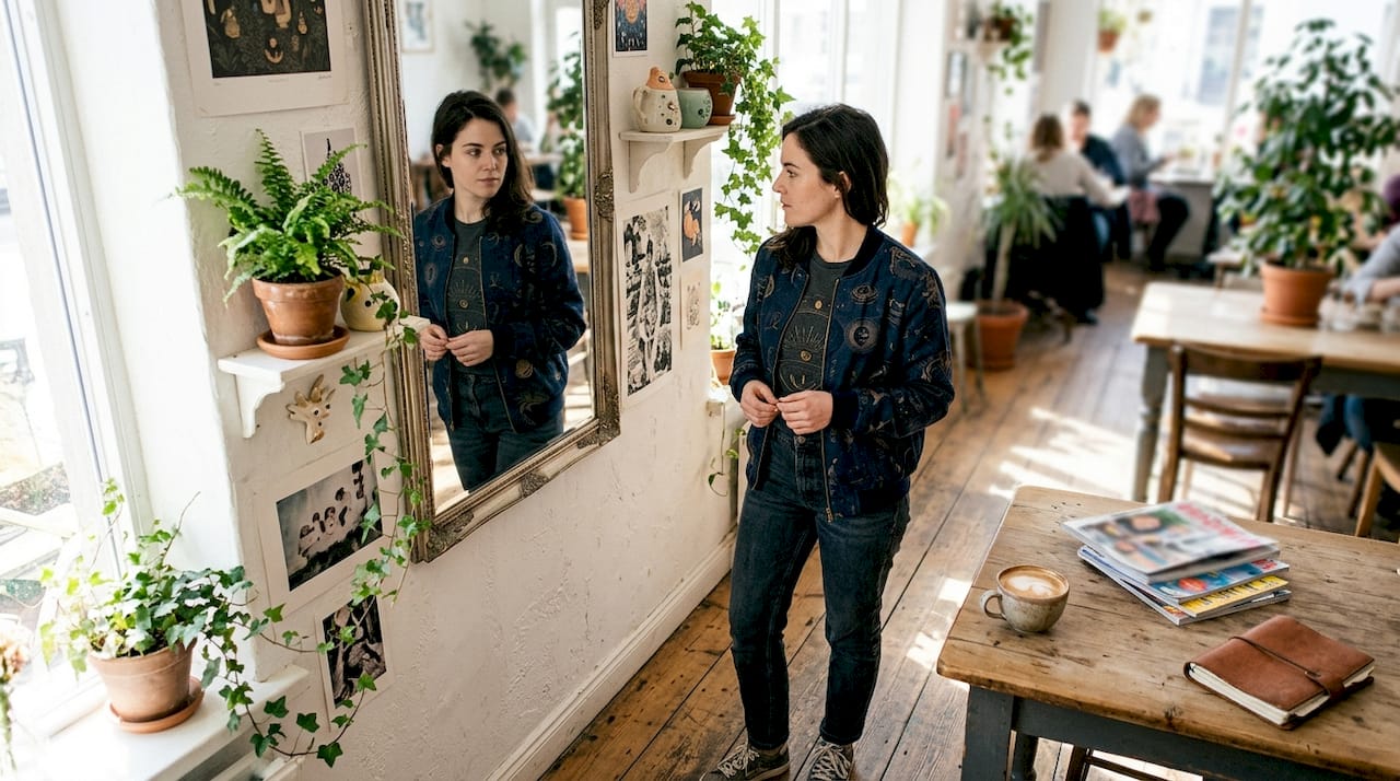 Woman in graphic jacket admiring style in mirror