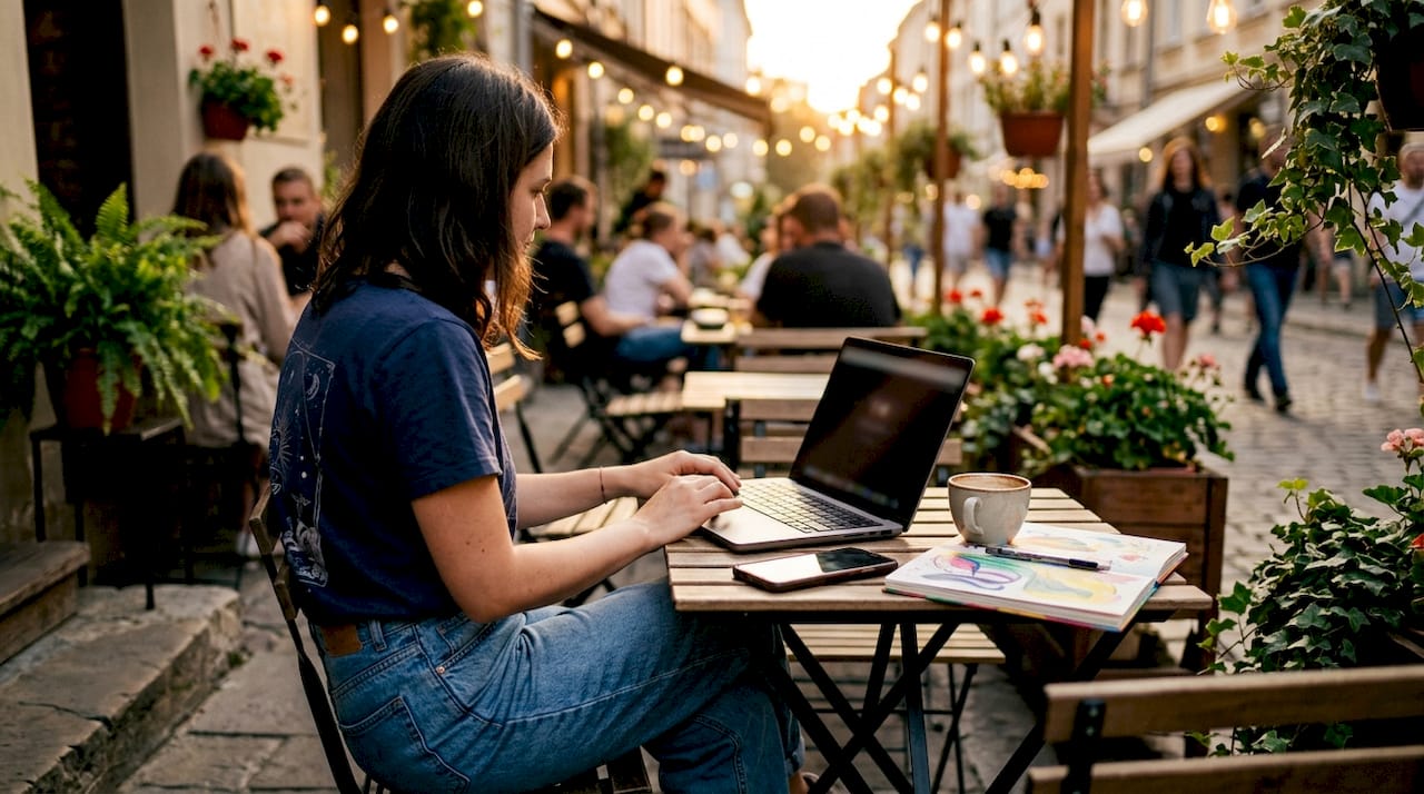 Woman browsing graphic apparel websites on laptop