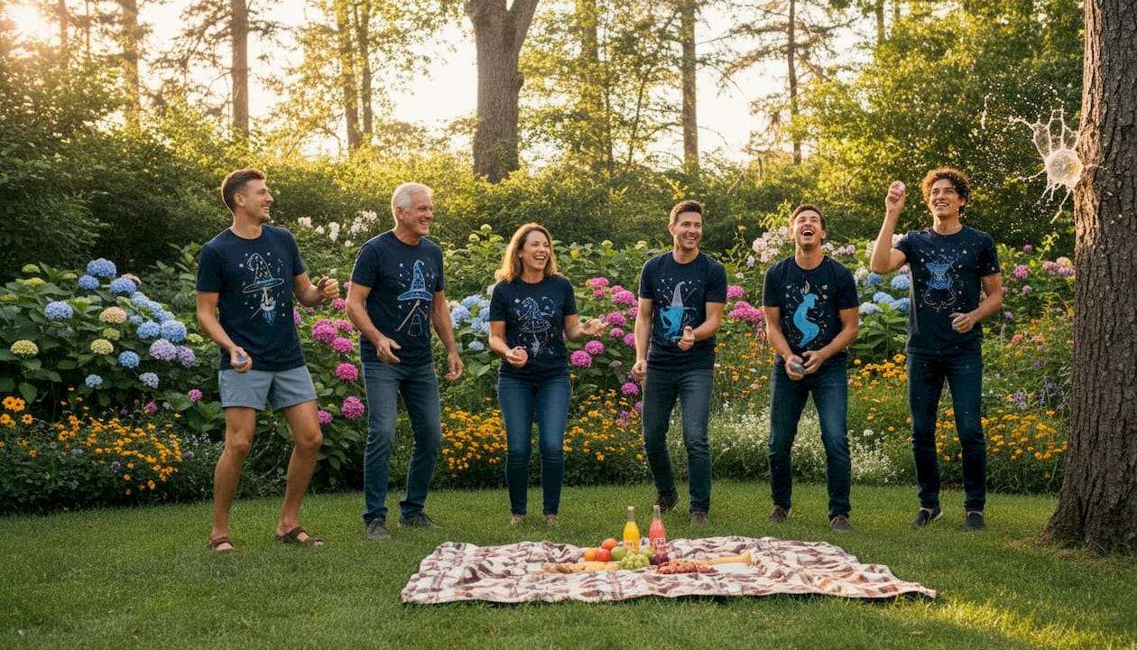 Family enjoying park outing in fun matching shirts