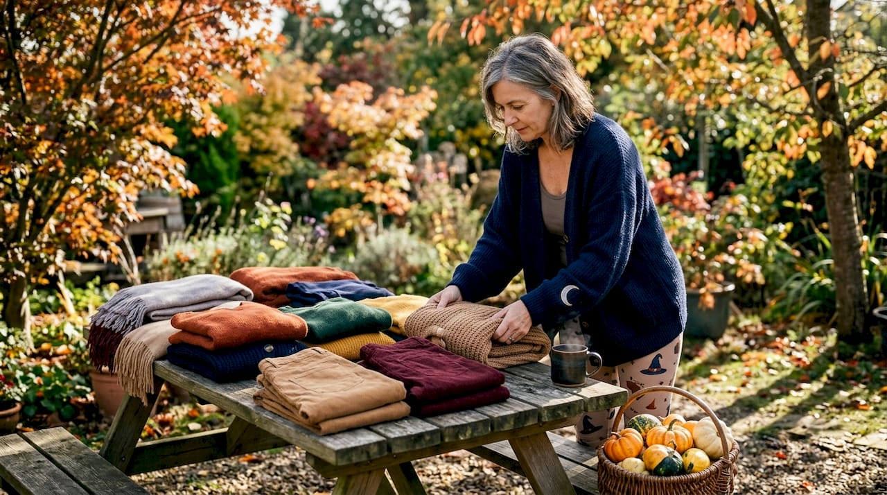 Woman arranging fall clothing gifts at home
