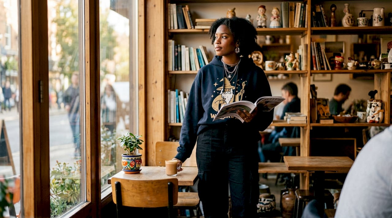 Young woman showcasing pop culture fashion indoors