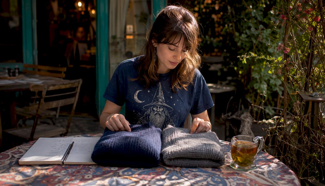 Woman comparing two sweaters at home table