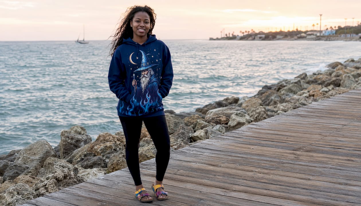 Young woman wearing graphic hoodie on city street