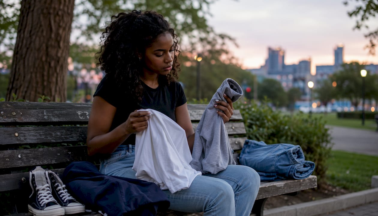 Young woman comparing hoodie and t-shirt outdoors