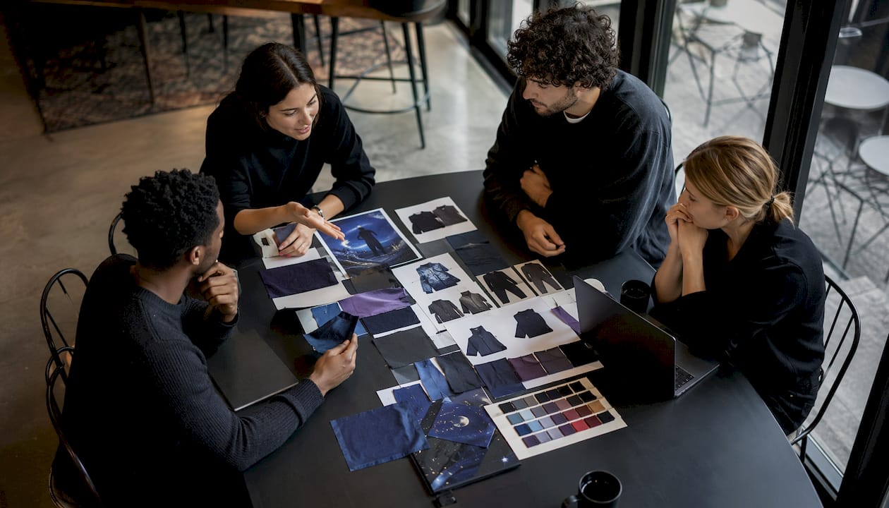 Marketing team discussing clothing brand strategy