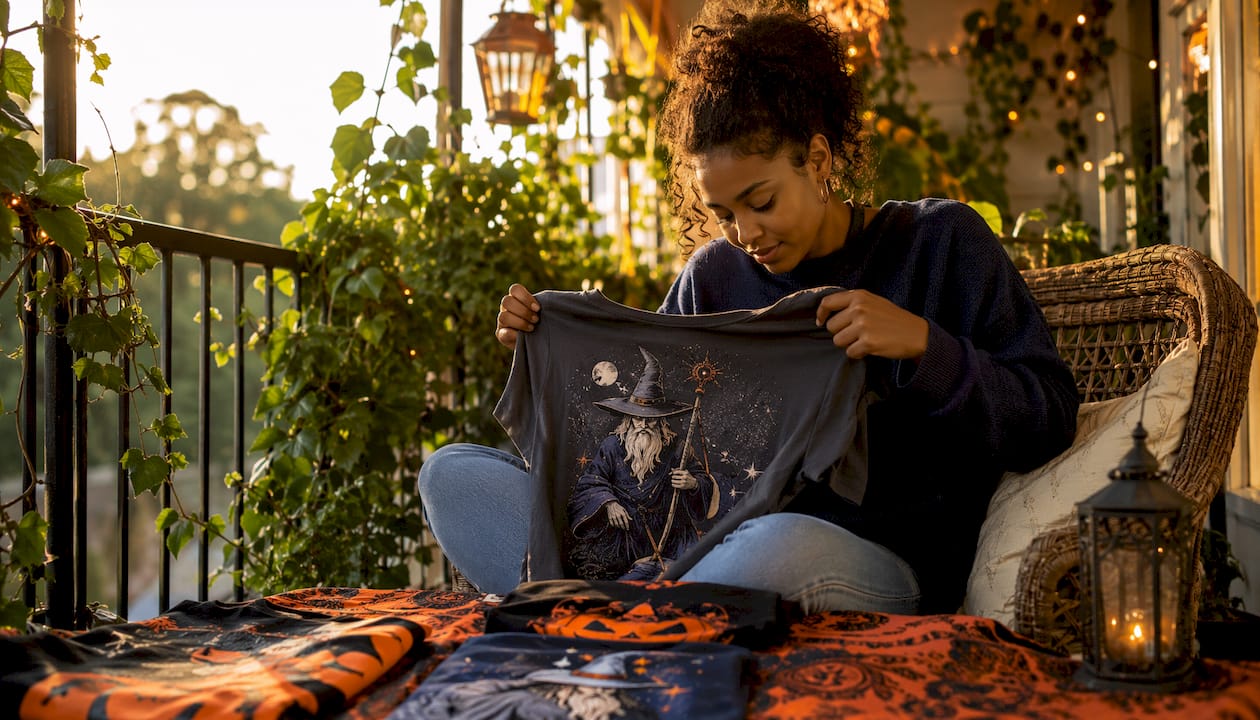 Woman planning Halloween outfit with clothes laid out