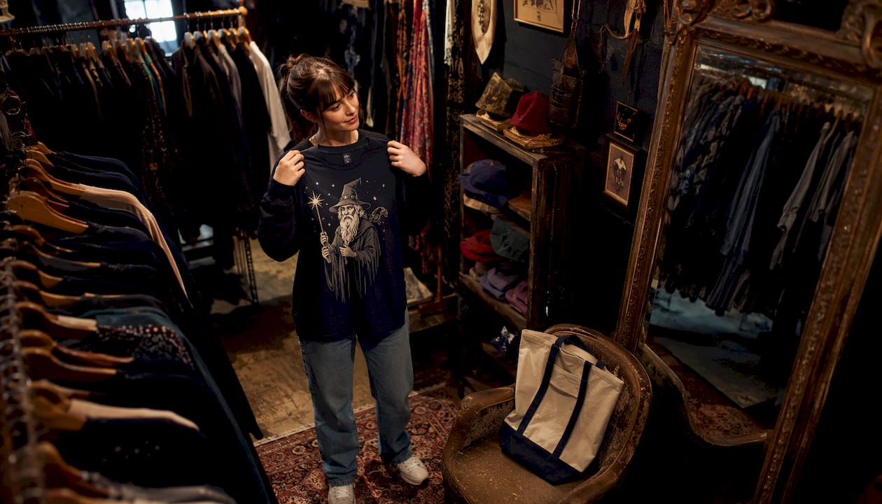 Shopper examining graphic tee in casual store