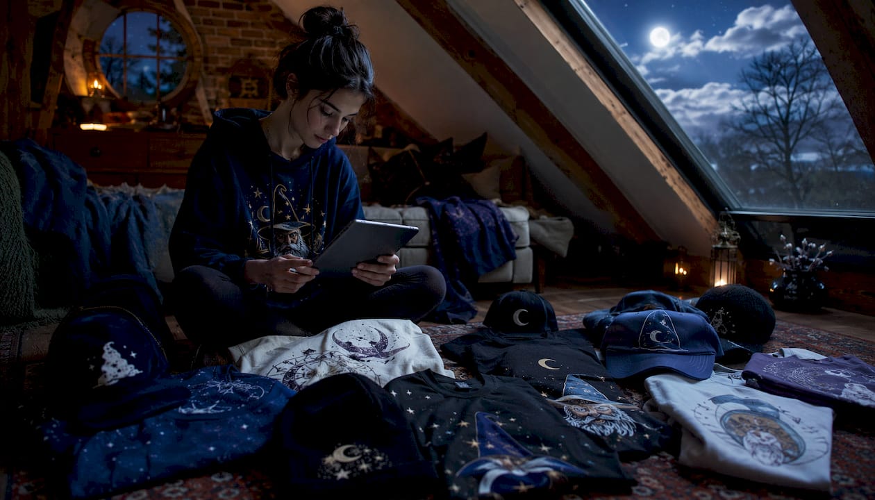 Woman browsing wizard-themed apparel at home