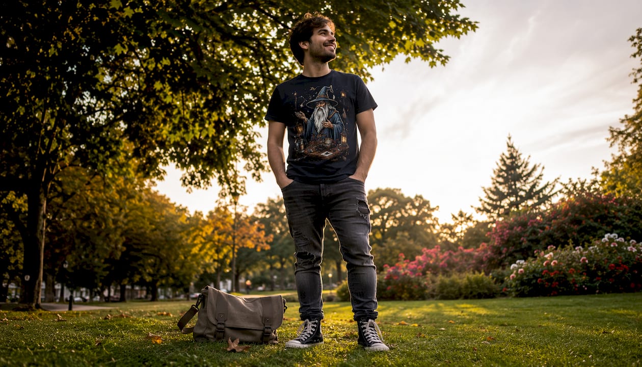 Man wearing fitted graphic tee on urban street