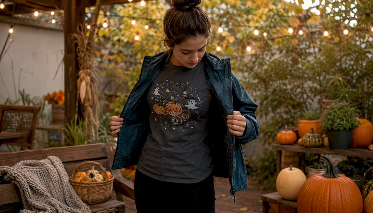 Woman layering fall outfit indoors