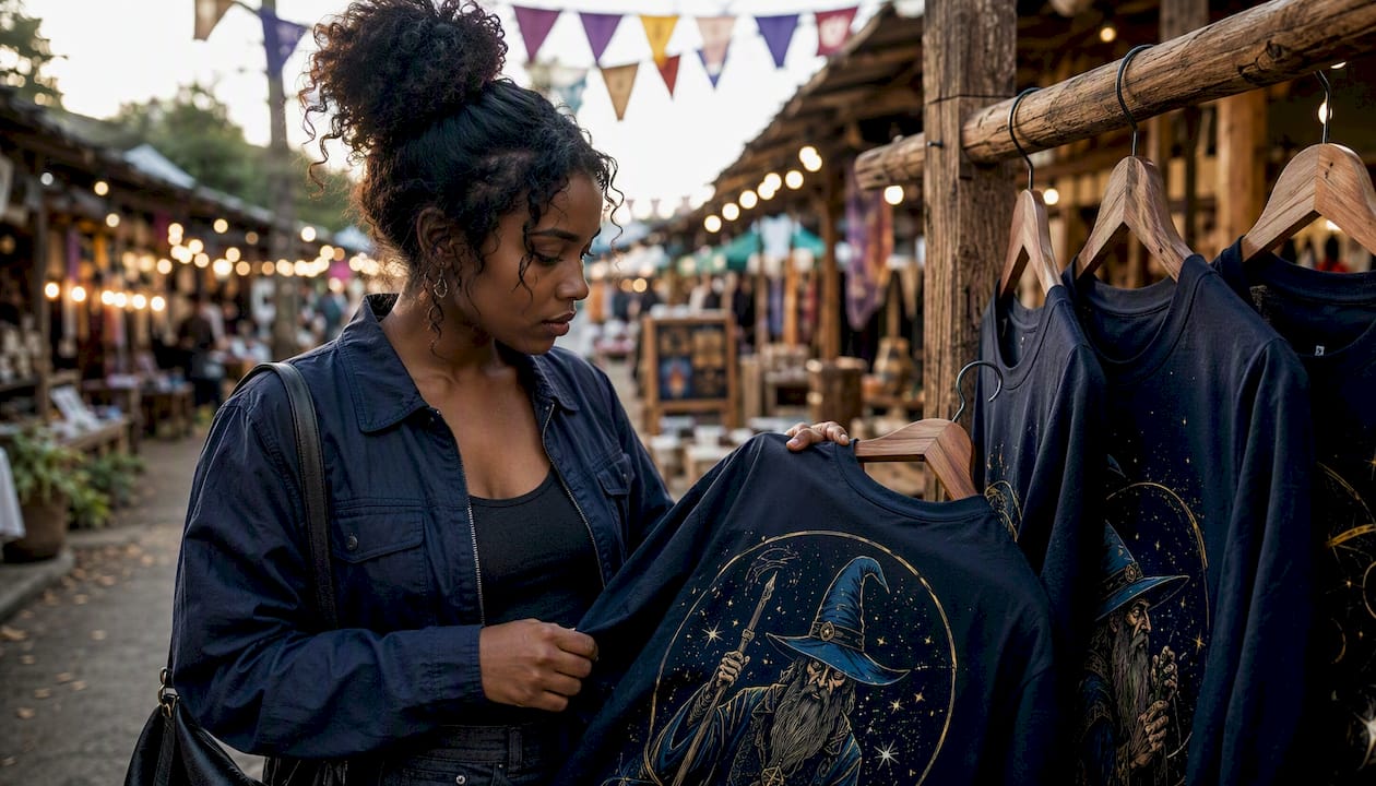Woman browsing exclusive graphic t-shirts in boutique