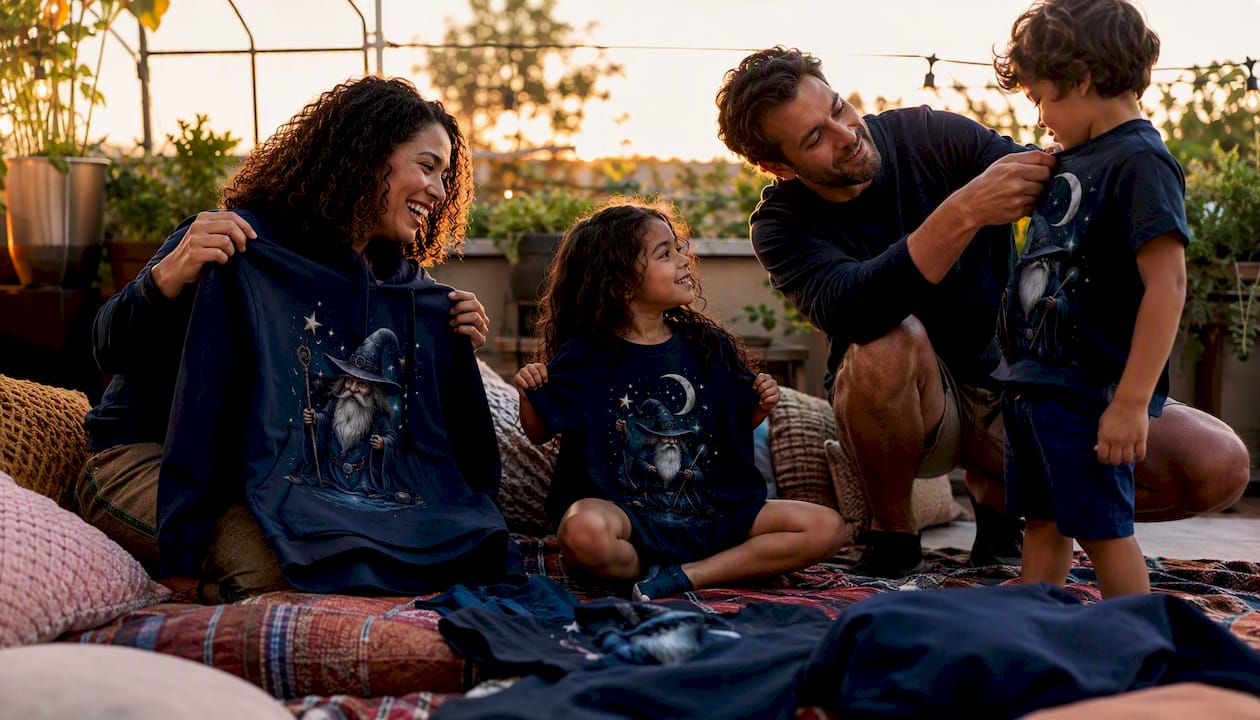 Family choosing matching outfits at home