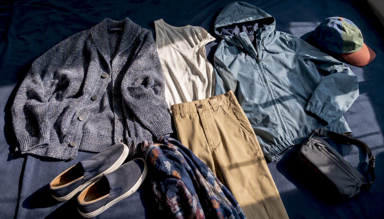 Flat lay of seasonal casual wardrobe essentials