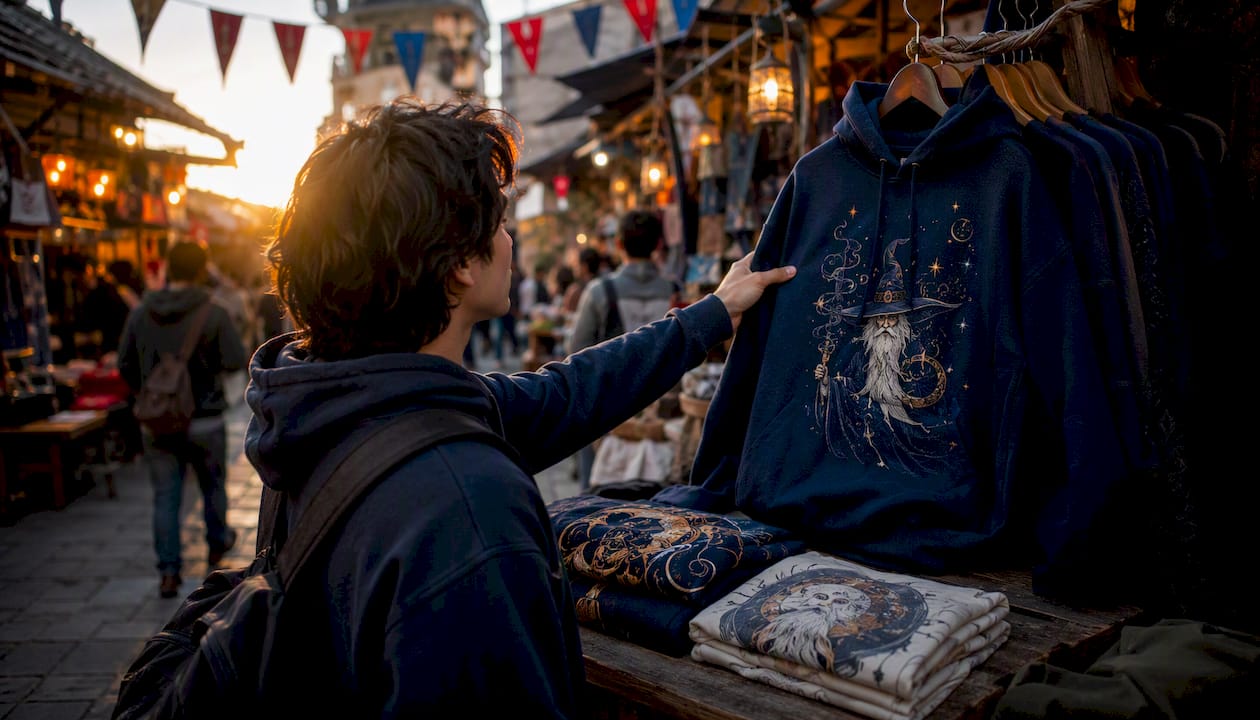 Shopper browsing new graphic apparel