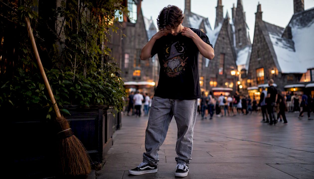 Young man adjusting funny sarcastic graphic t-shirt