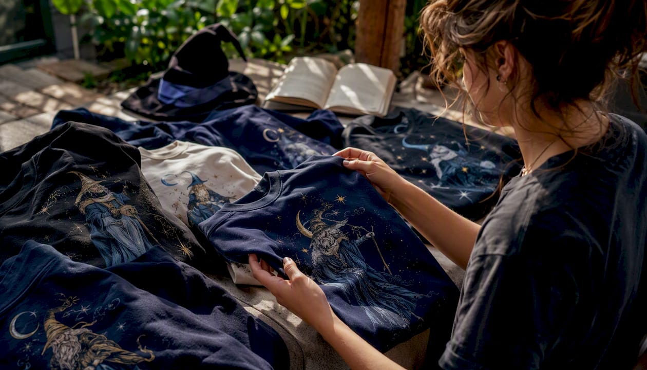 Graphic apparel with wizard-themed humor on table