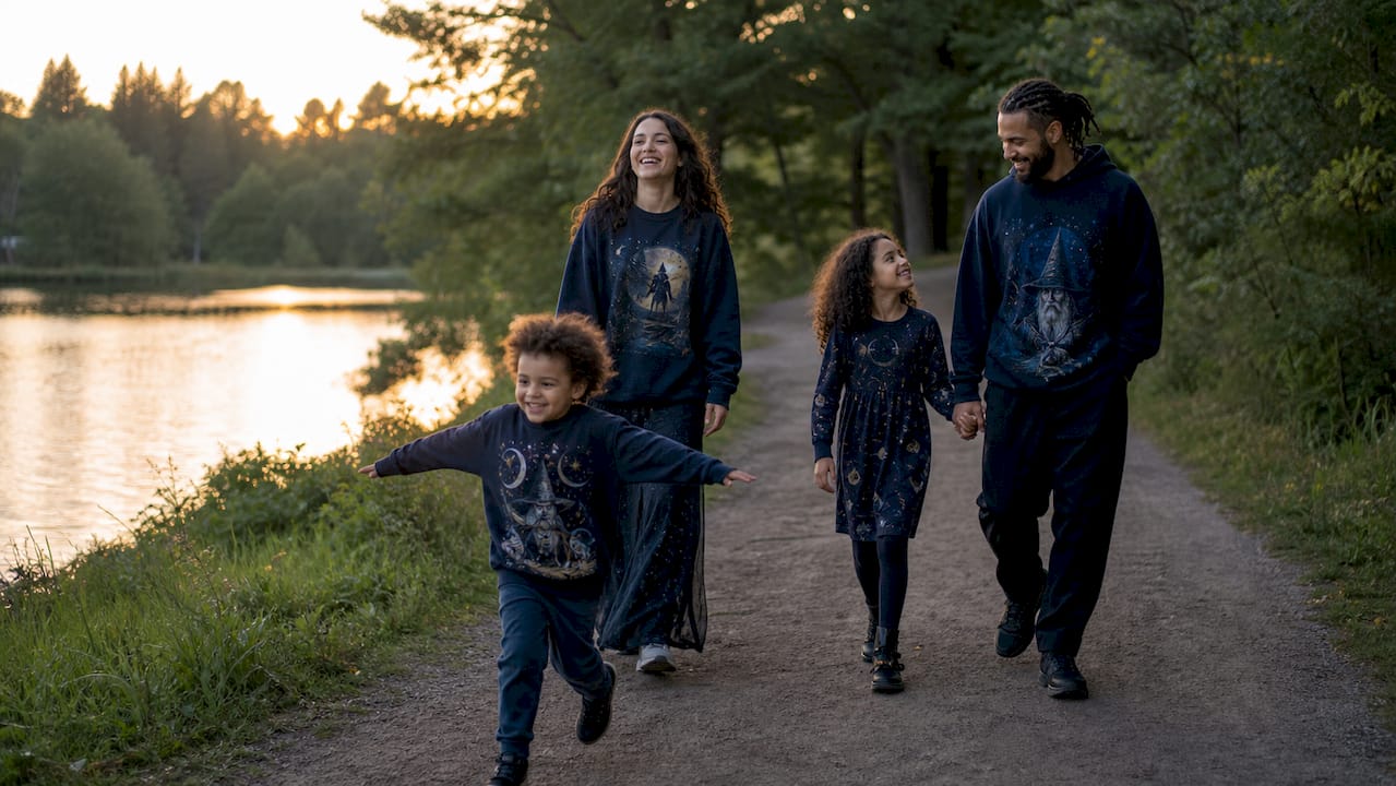 Family wearing coordinated graphic apparel outdoors