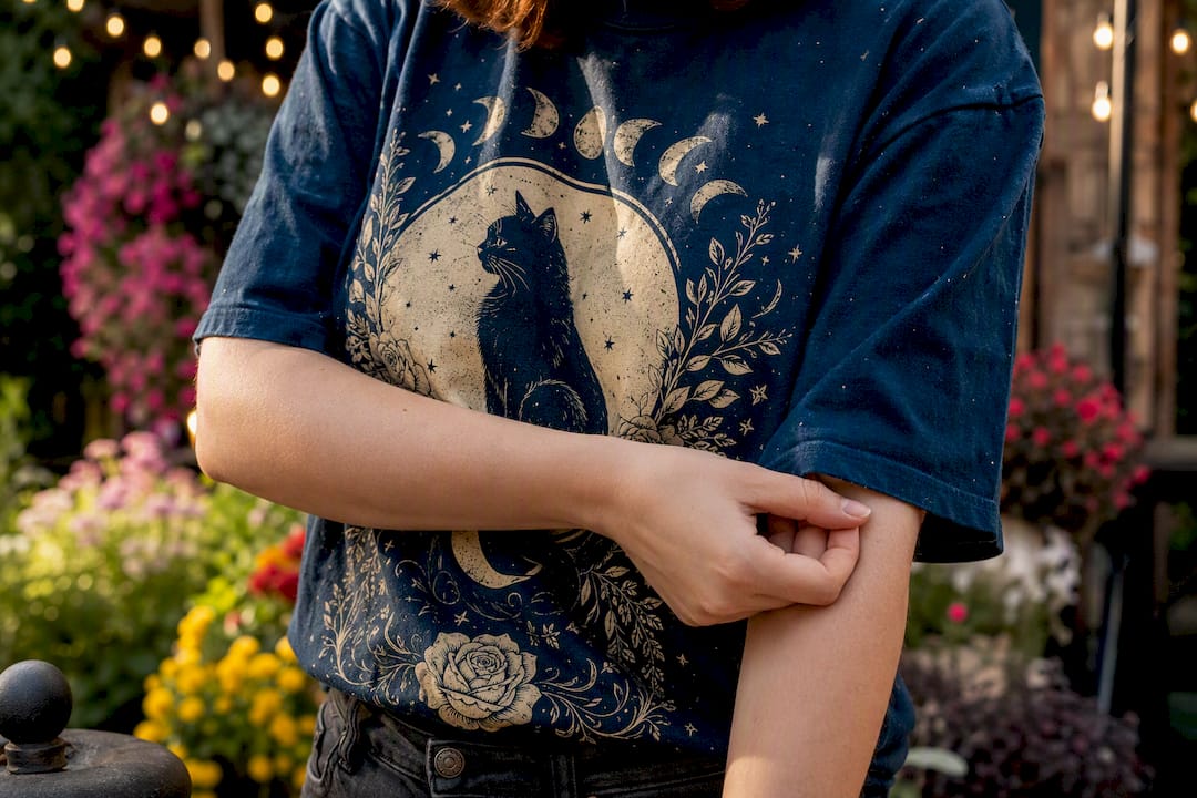 Close-up of witchy t-shirt design on wearer
