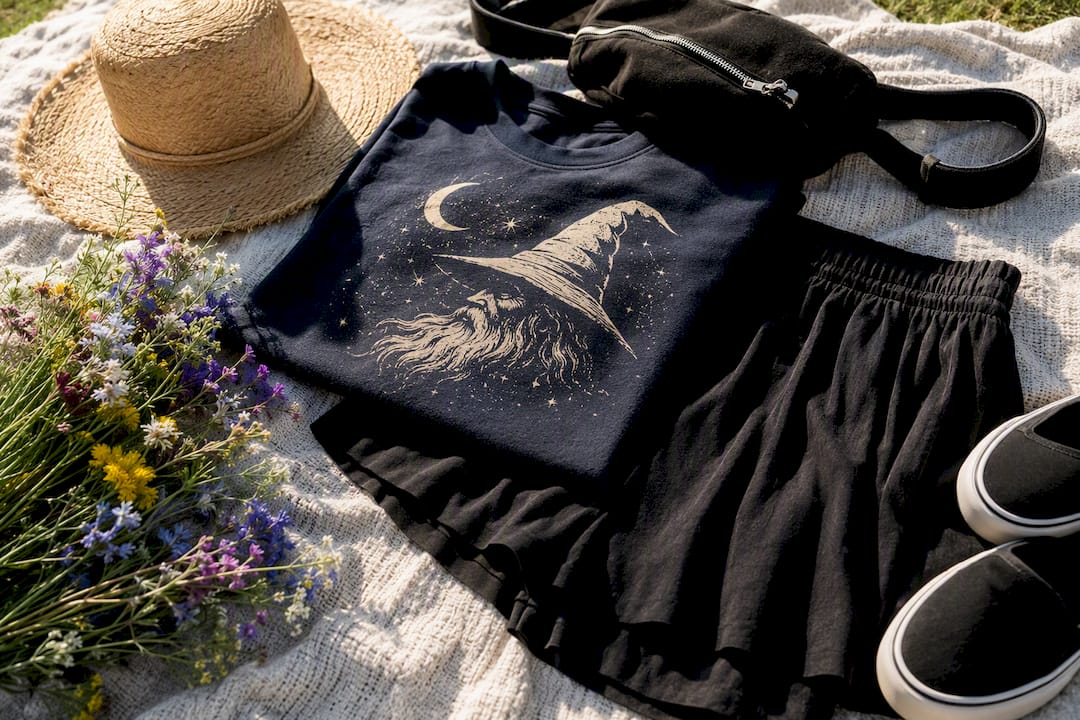 Casual theme park outfit laid out flat