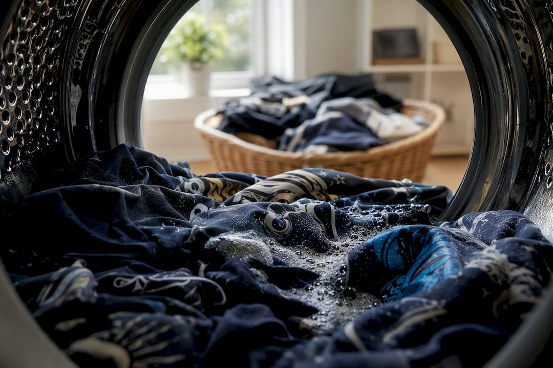 Graphic t-shirt fabric in washing machine drum