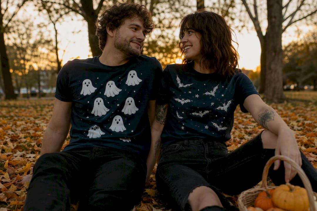 Couple wearing matching Halloween t-shirts outdoors
