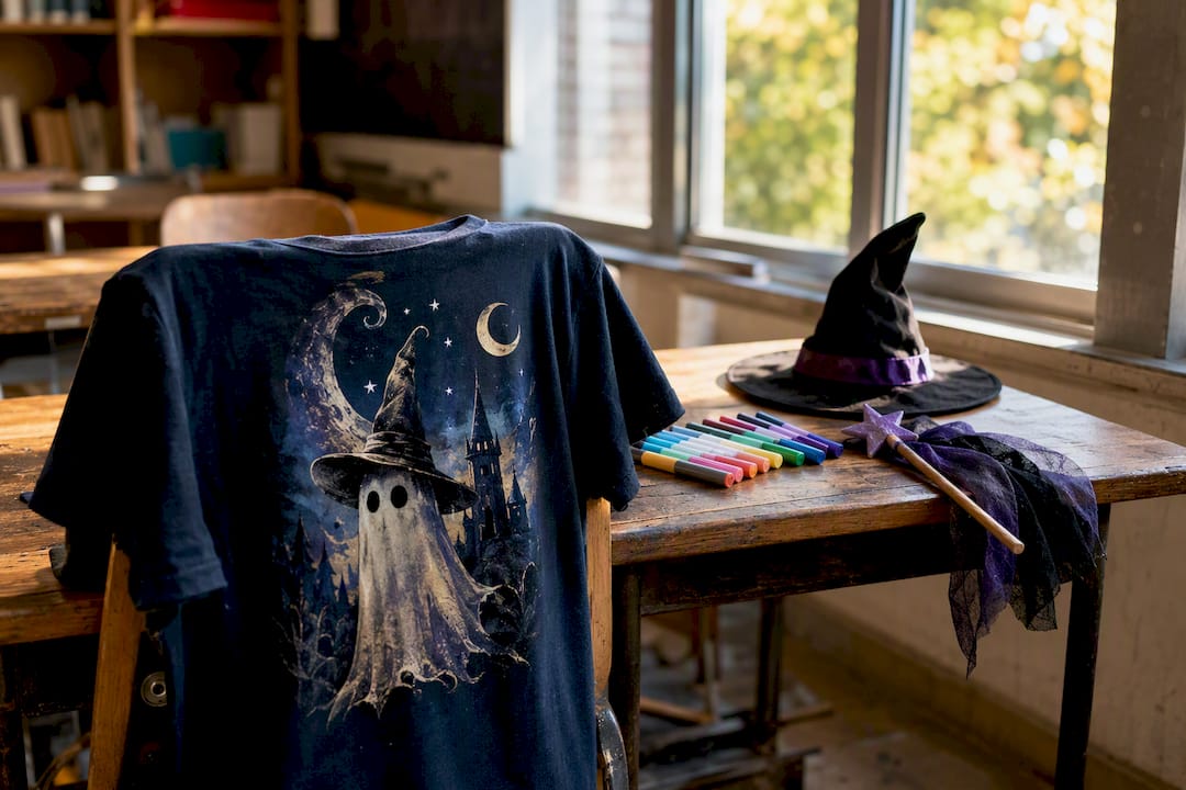 Halloween-themed shirt and costume props on chair