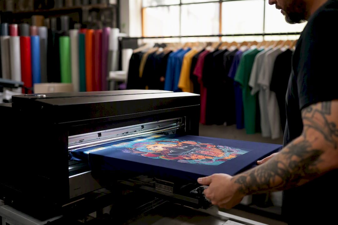 Close-up of screen printing on a shirt in workshop