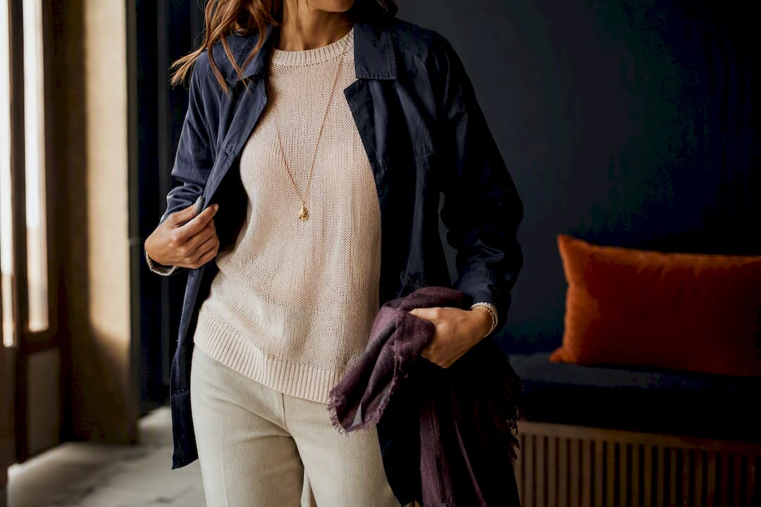 Layered fall outfit styled for warm weather