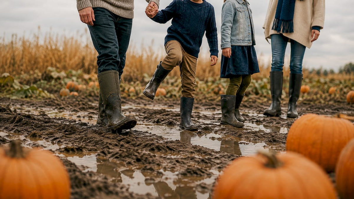 Family navigating muddy pumpkin patch