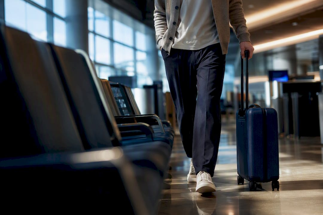 Traveler wearing layered airport outfit