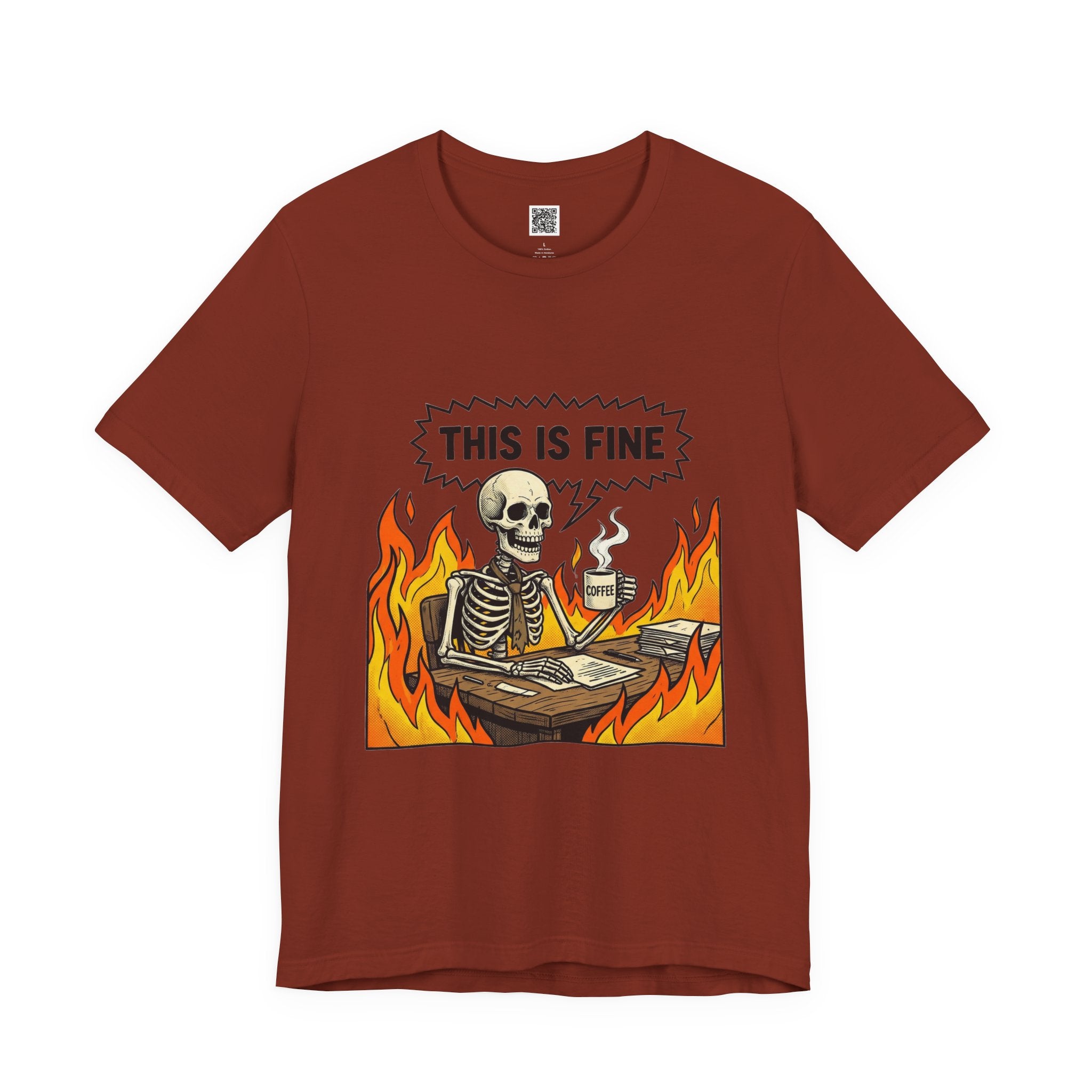 This Is Fine Skeleton Coffee Graphic Tee | Funny Burnout Work Humor
