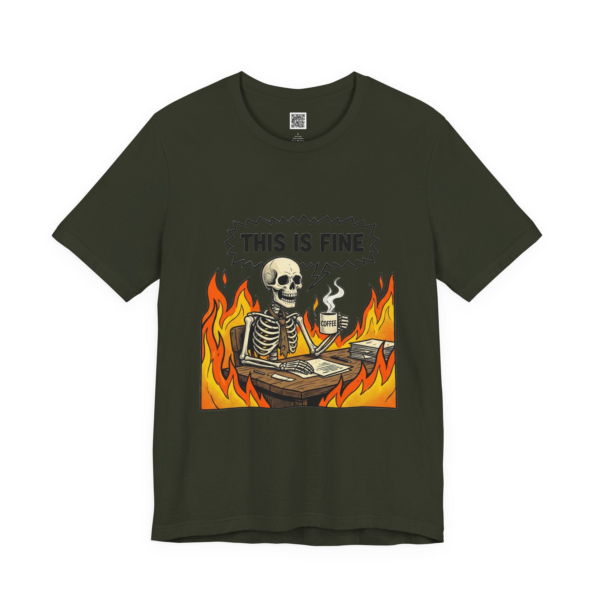 This Is Fine Skeleton Coffee Graphic Tee | Funny Burnout Work Humor