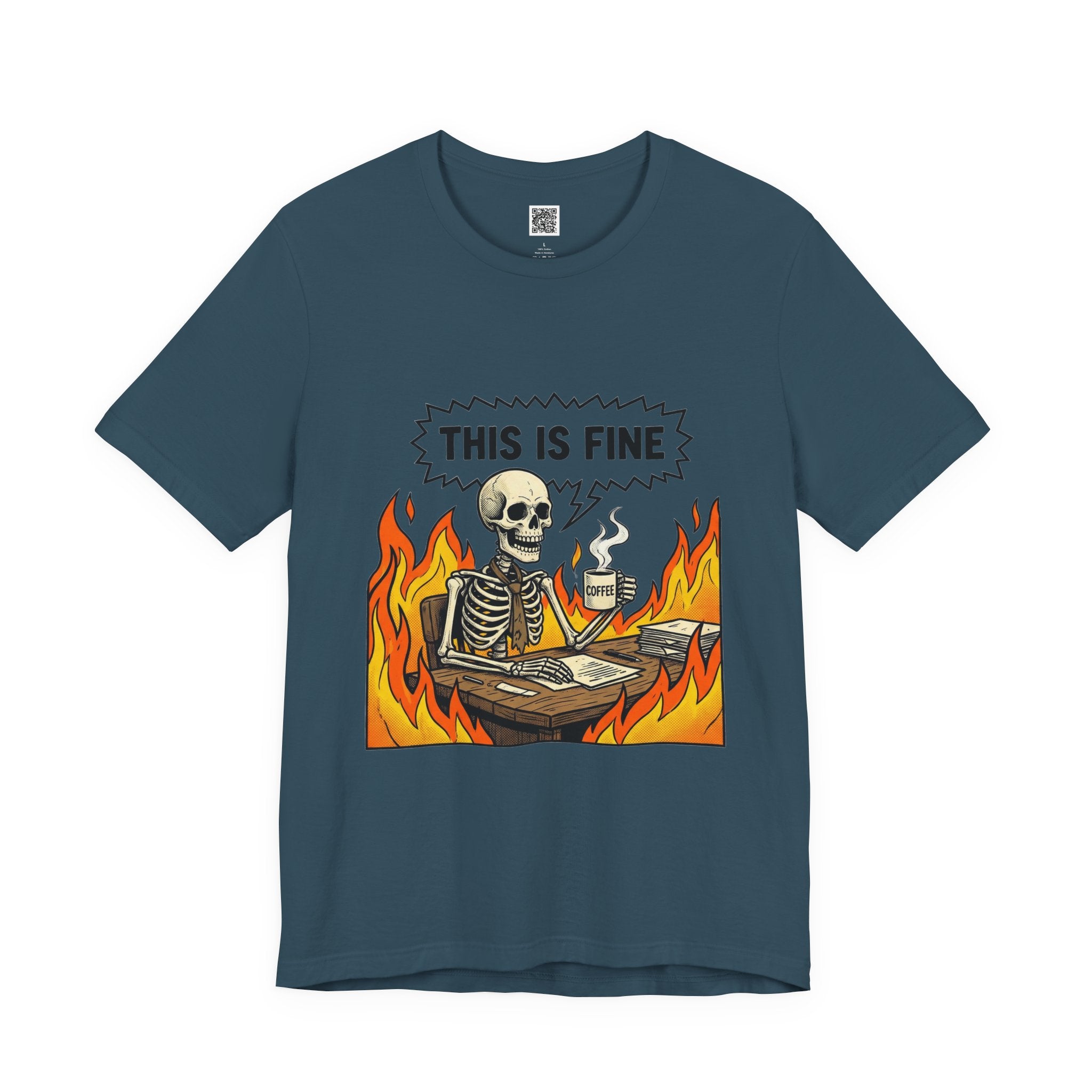 This Is Fine Skeleton Coffee Graphic Tee | Funny Burnout Work Humor